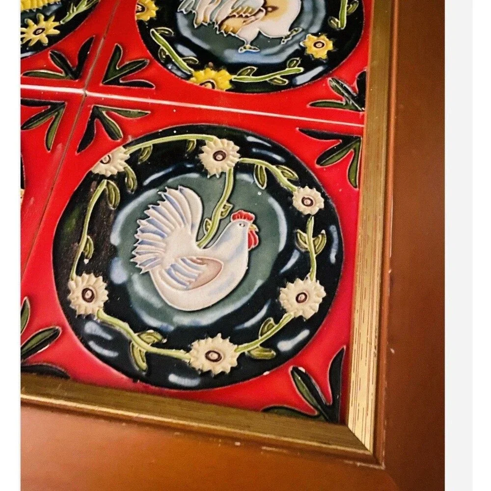 Vintage Rooster Tiles In Wood Frame 4 Ceramic Tiles Cottage Farm Americana Decor
